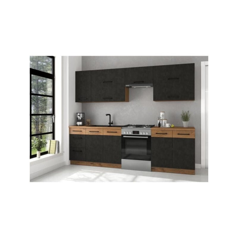 Cuisine complete rock 7 éléments - Décor chene lancelot et gris matera - L260 x p 52 x H82 cm - Plan de travail non inclus