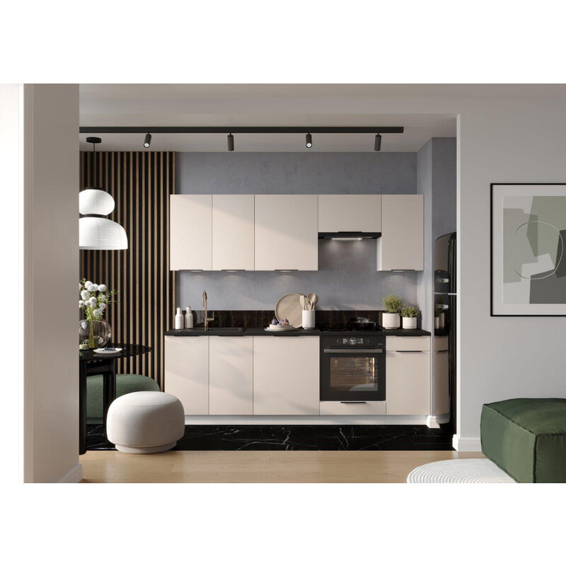 Cuisine complète Sonia 8 éléments couleur beige avec plan de travail inclus - Longueur 240 cm