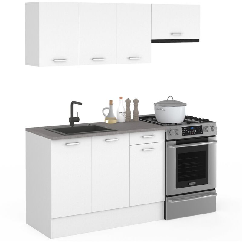 Cuisine complète 180 cm subtil avec plan de travail 5 éléments blanc et plateaux béton