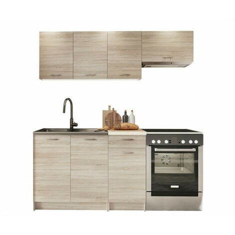 Cuisine complète Trenton 101, Sonoma chêne + Beige, 180x60cm, Plan de travail, Stratifié, LED