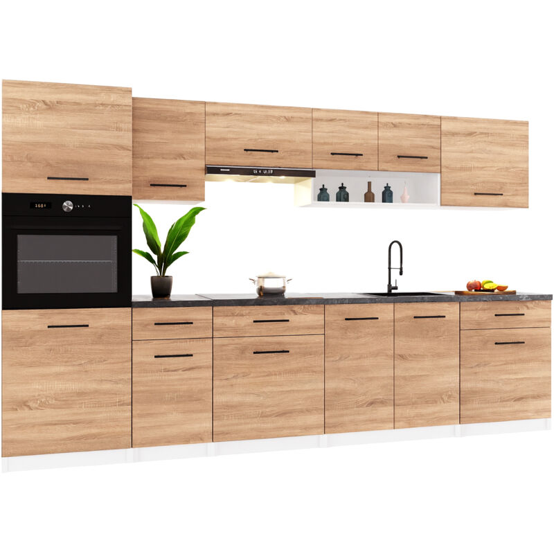 Cuisine complète VIKI BOIS chêne 300 cm avec colonne four 9 éléments 18 mm