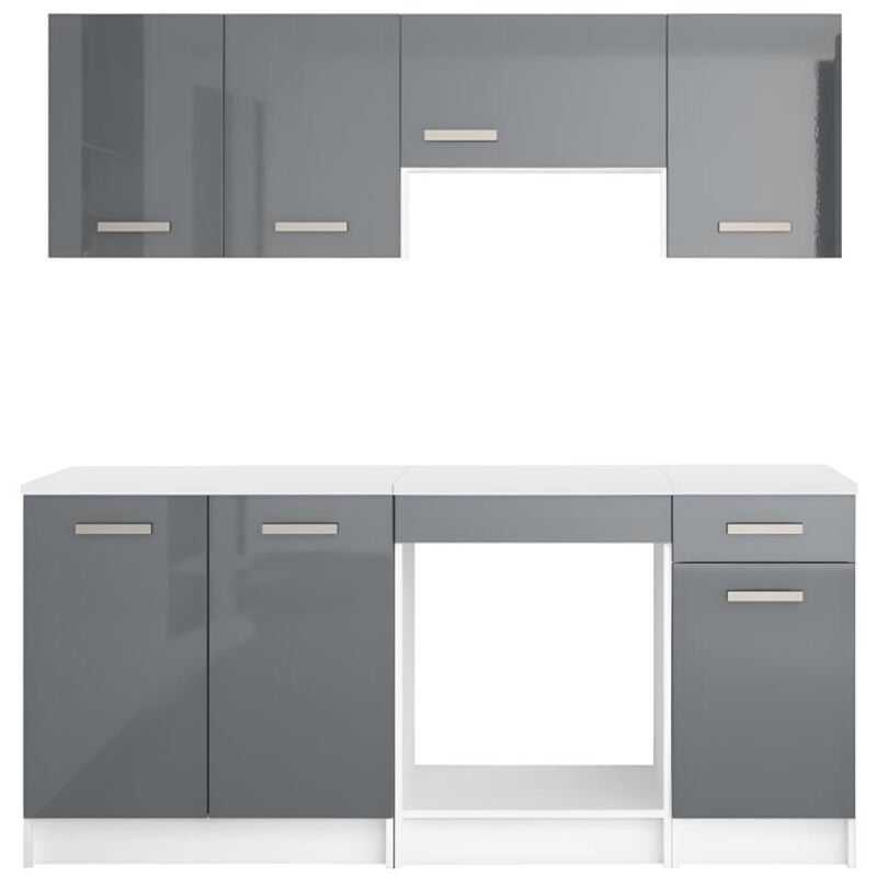 Cuisine complète - Avec plan de travail 180 cm - Gris brillant et Blanc - trattoria