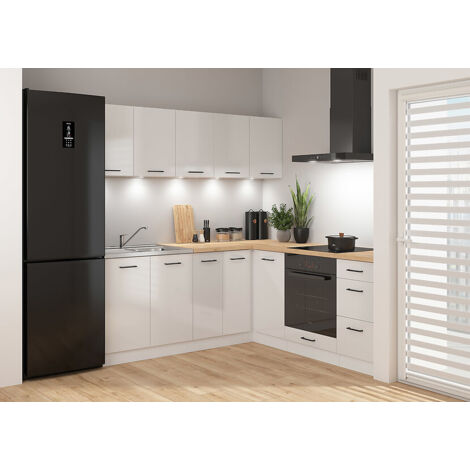 Cuisine d'angle complète 200x200 cm, Meubles de cuisine modulables coloris Blanc/Craie brillant, plan de travail chêne doré inclus