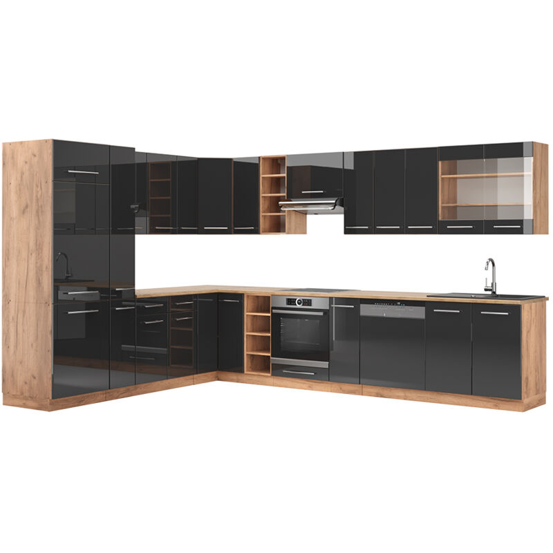 Cuisine en angle Fame-Line, Anthracite brillant/Chêne doré, 347 x 257 cm, PT Chêne, Vicco