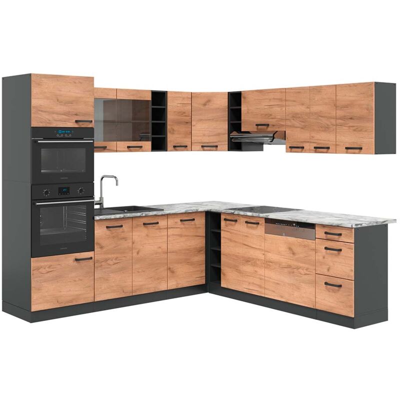 Vicco - Cuisine en angle R-Line, Anthracite/chêne doré, 237x247cm, pt Marbre