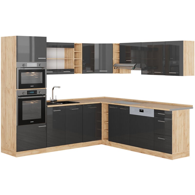 Cuisine en angle R-Line, Anthracite brillant/Chêne doré, 237 x 247 cm, PT Chêne, Vicco