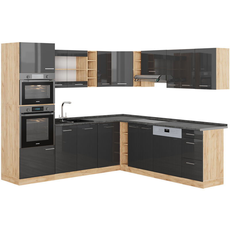 Vicco - Cuisine en angle R-Line, Anthracite brillant/Chêne doré, 237 x 247 cm, pt Anthracite