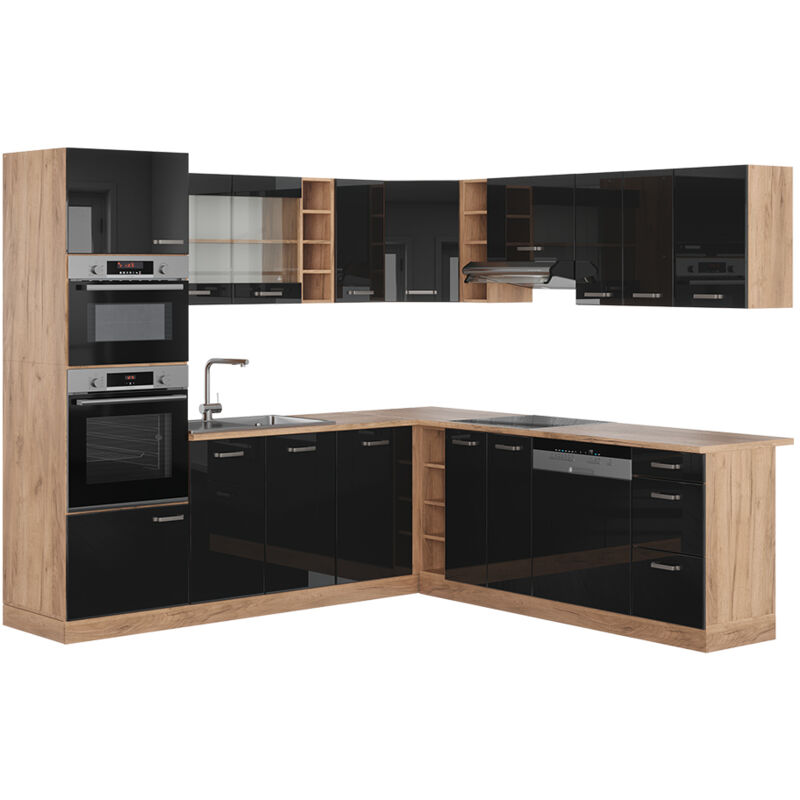 Vicco - Cuisine en angle R-Line, Noir brillant/Chêne doré, 237 x 247 cm, pt Chêne