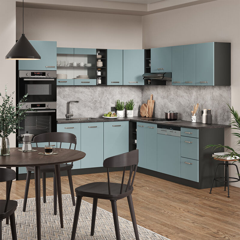 Vicco - Cuisine en angle R-Line, Bleu-gris/anthracite, 237 x 60 cm sans plan de travail