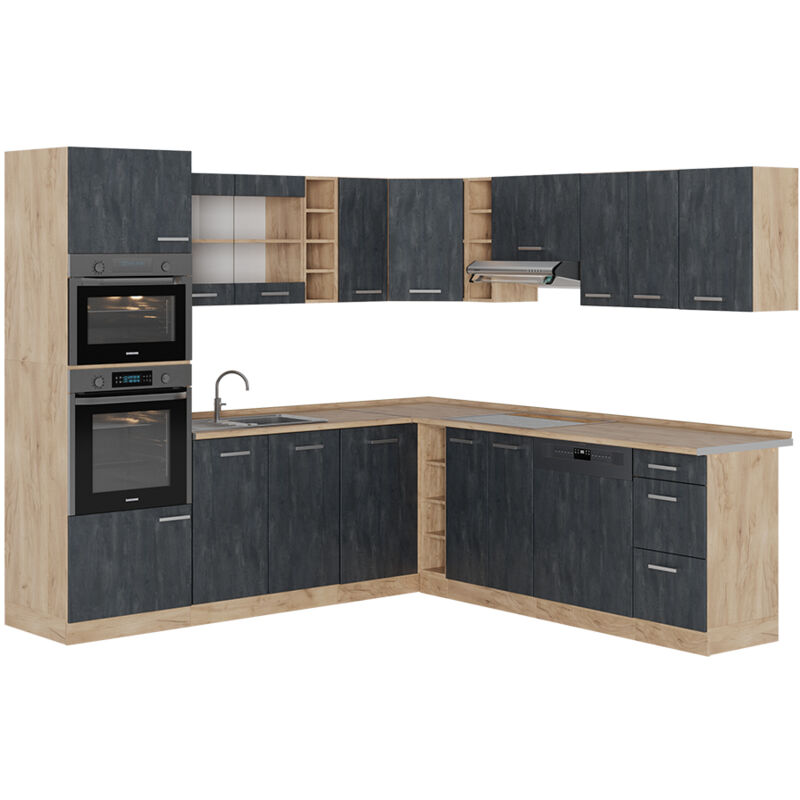 Vicco - Cuisine en angle R-Line, Béton noir/chêne doré, 237 x 247 cm sans plan de travail
