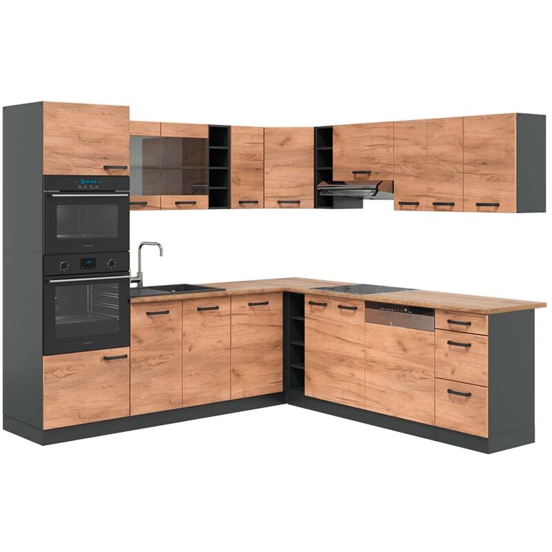 Vicco - Cuisine en angle R-Line, Anthracite/chêne doré, 237x247cm, pt Chêne