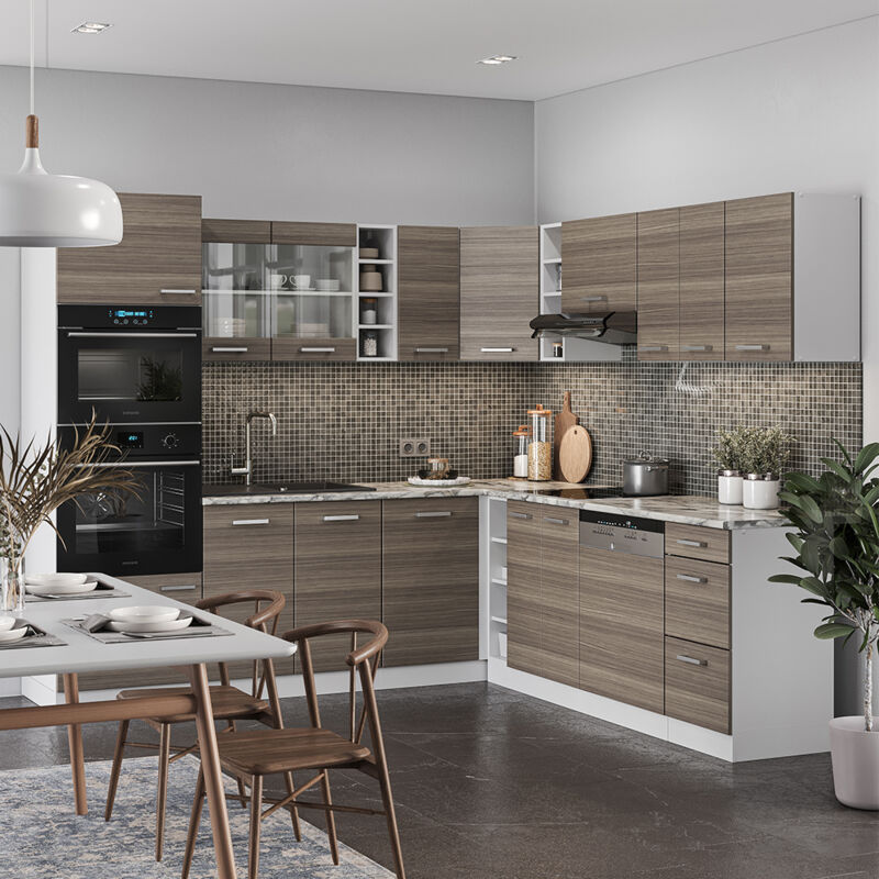 Vicco - Cuisine en angle R-Line, gris noble/blanc, 237 x 60 cm sans plan de travail