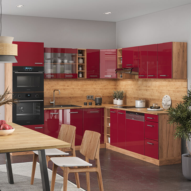 Vicco - Cuisine en angle R-Line, Bordeaux brillant/Chêne doré, 237 x 60 cm sans plan de travail