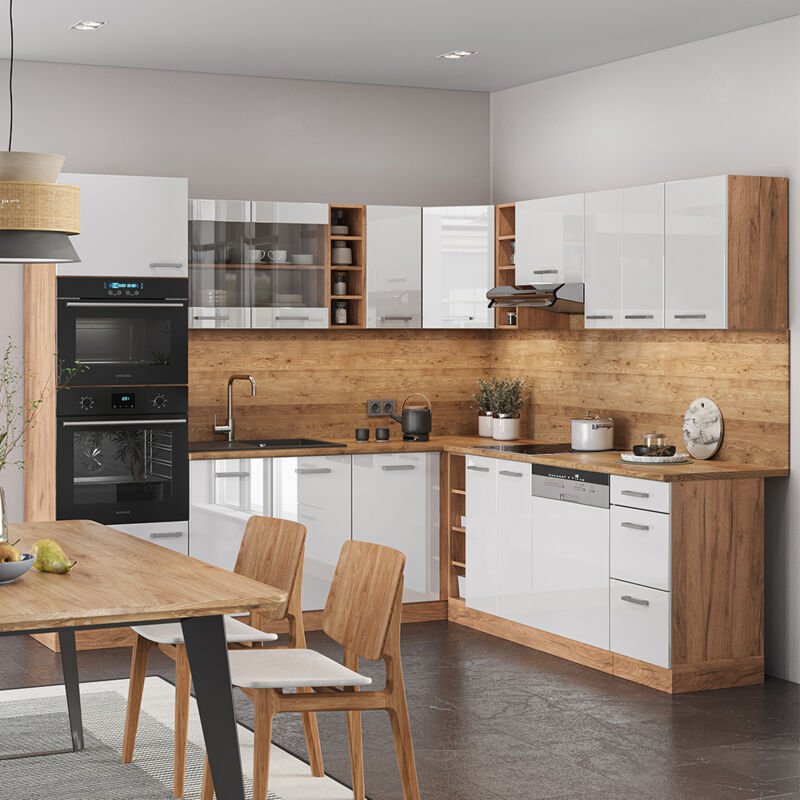 Vicco - Cuisine en angle R-Line, Blanc brillant/Chêne doré, 237 x 60 cm sans plan de travail