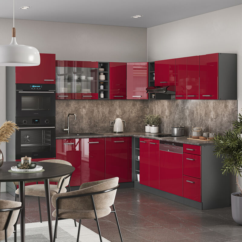 Vicco - Cuisine en angle R-Line, Bordeaux haute brillance/anthracite, 237 x 60 cm sans plan de travail