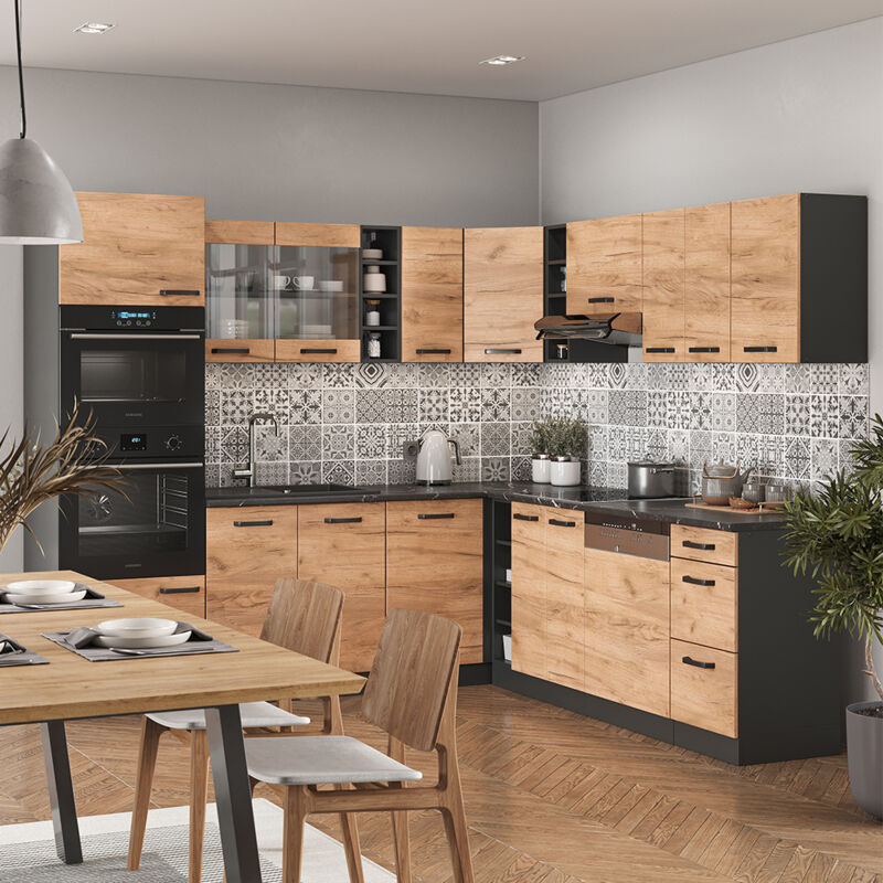 Vicco - Cuisine en angle R-Line, Chêne doré/anthracite, 237x60cm sans pt