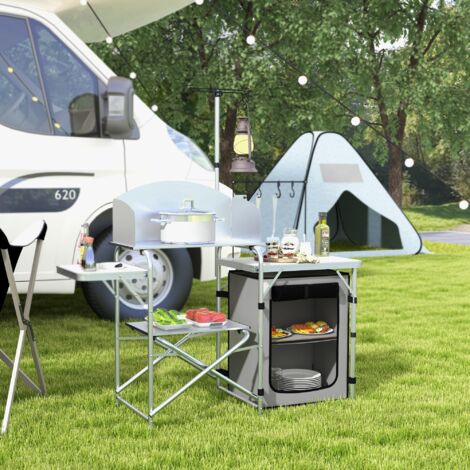 Cuisine de camping pliante aluminium, protection UV/coupe-vent, 3 plans travail, rangement, support lampe