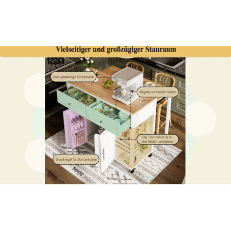 Cuisine de haute qualité, avec des roulettes. Plateau multifonctionnel, doté d’une finition en bois et d’un grand espace de rangement.