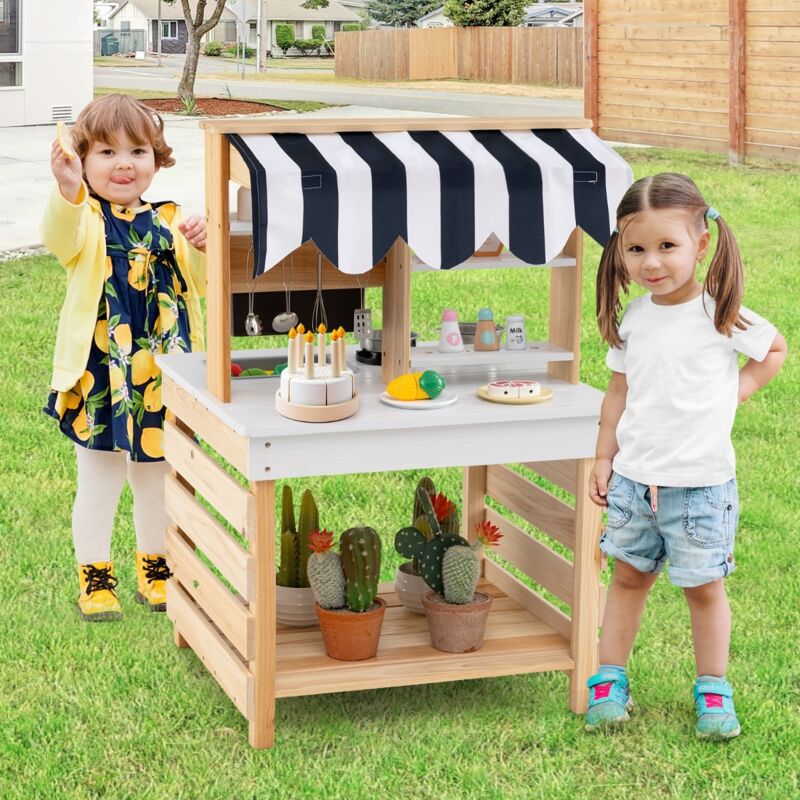Cuisine de Jeu 2 en 1 en Bois avec Cuisinières Evier Réservoir à Eau Robinet et Ustensiles de Cuisine avec Toit pour 3+ Ans Naturel