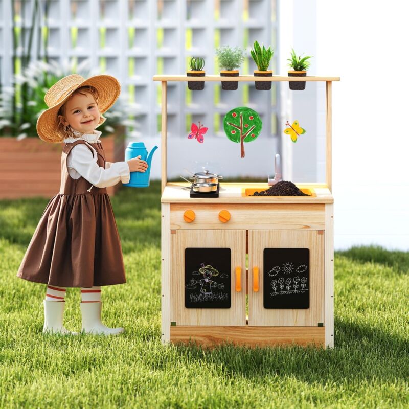 Cuisine de Jeu d'Extérieur pour Enfants avec Rangement Ensemble de Jeu de Cuisine en Bois de Sapin Pots de Plantation Naturel