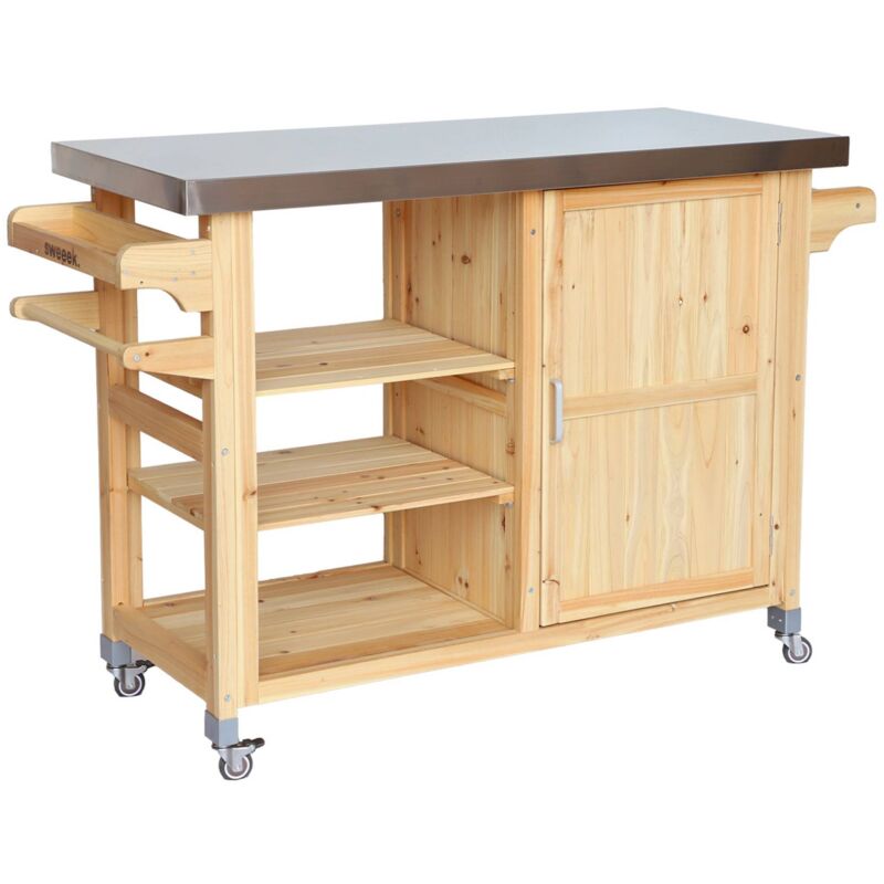 Cuisine d'extérieure 115cm bois avec poignées. 4 roues et 5 espaces de rangement. l 115 x l 51.5 x h 89.5cm