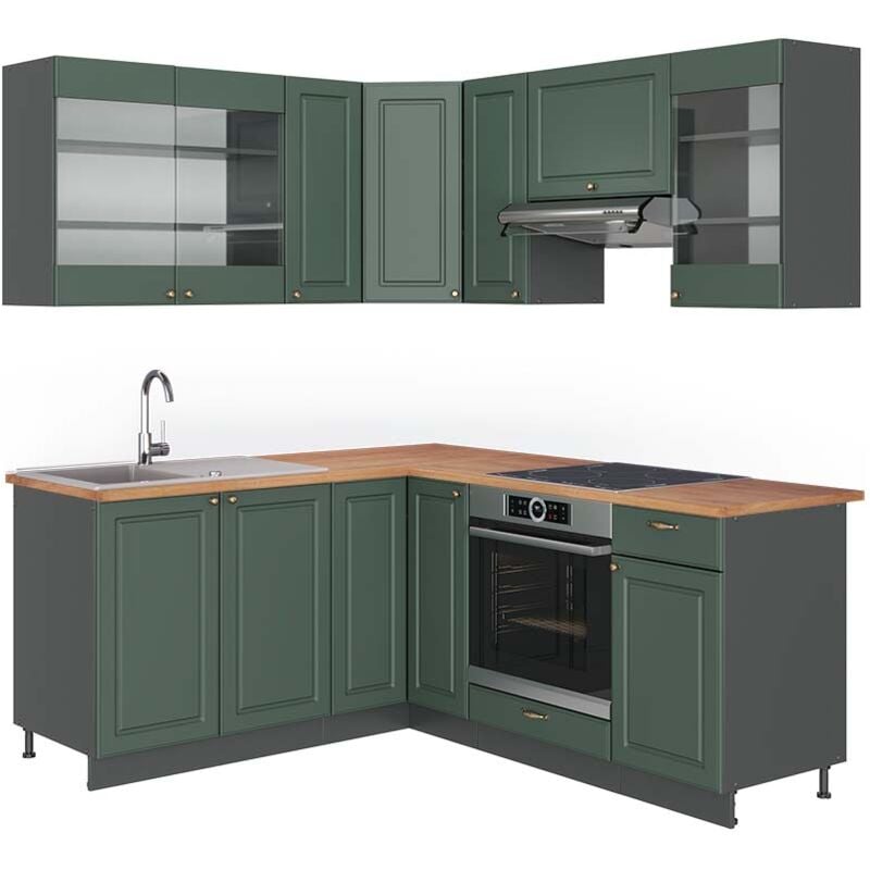 Vicco - Cuisine en angle Fame-Line, Vert et or campagne/anthracite, 160 x 190 cm, pt Chêne