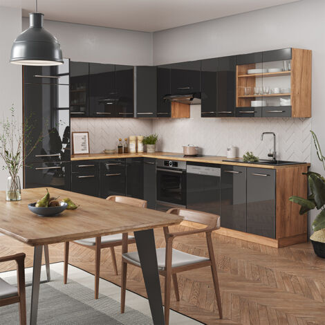 Vicco – Cuisine en angle Fame-Line – Anthracite brillant/Chêne doré – Dimensions 227 x 60 cm – Façades MDF avec charnières soft-closing