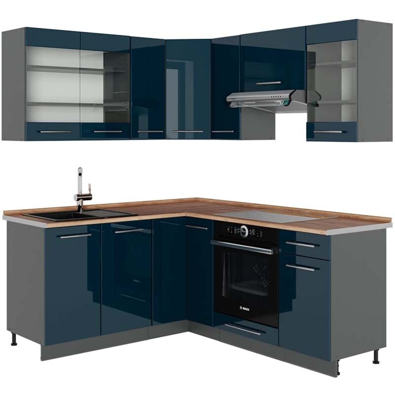 Vicco - Cuisine en angle Fame-Line, Bleu foncé brillant/Anthracite, 160 x 190 cm, pt Chêne