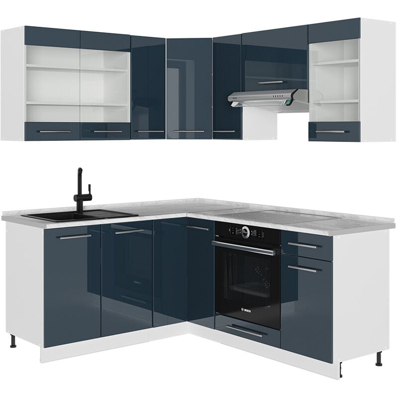 Vicco - Cuisine en angle Fame-Line, bleu foncé brillant/blanc, 160 x 60 cm sans plan de travail