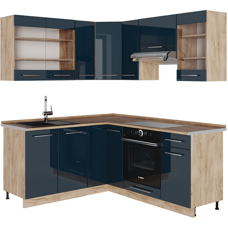 Vicco - Cuisine en angle Fame-Line, bleu foncé brillant/chêne doré, 160 x 60 cm sans plan de travail