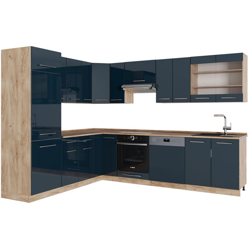 Cuisine en angle Fame-Line, bleu foncé brillant/chêne doré, 227 x 60 cm sans plan de travail, Vicco