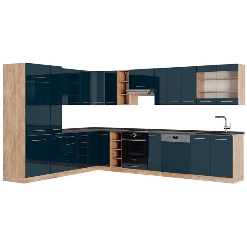 Cuisine en angle Fame-Line, bleu foncé brillant/chêne doré, 257 x 60 cm, PT Anthracite, Vicco
