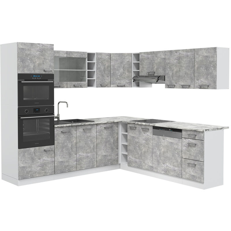 Cuisine en angle "R-Line" 247x237cm Blanc/Béton avec Plan de travail Vicco