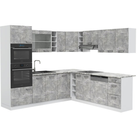 Cuisine en angle „R-Line“ 247x237cm Blanc/Béton avec Plan de travail Vicco