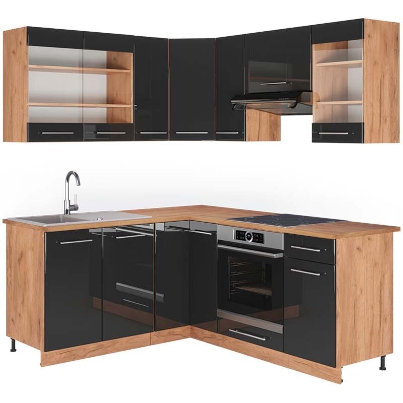 Vicco - Cuisine en angle Fame-Line, Anthracite brillant/Chêne doré, 160 x 190 cm, pt Chêne