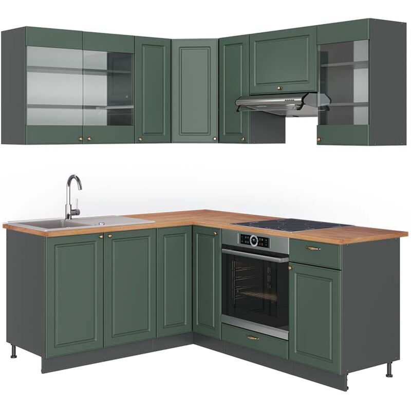 Vicco - Cuisine en angle Fame-Line, Vert et or campagne/anthracite, 160 x 190 cm, pt Chêne