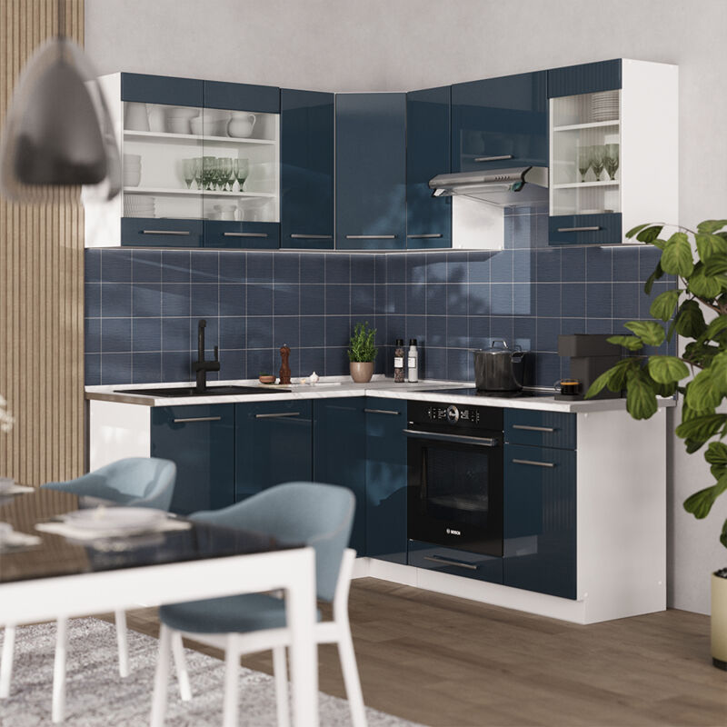 Vicco - Cuisine en angle Fame-Line, bleu foncé brillant/blanc, 160 x 60 cm sans plan de travail