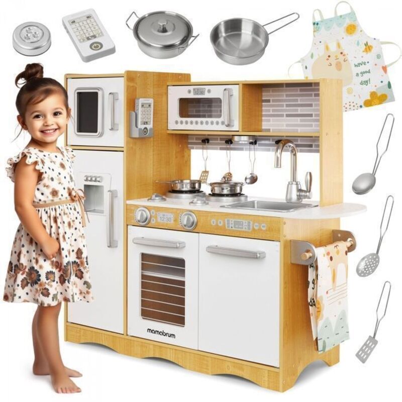 Mamabrum: juego de cocina de madera para niños, de gran tamaño, con luces LED, delantal y accesorios, juguete educativo de tipo Montessori, para niños mayores de 3 años.