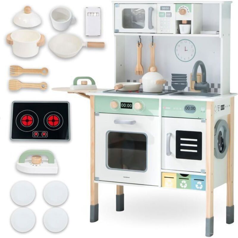 Mamabrum Große Holzküche für Kinder mit Waschmaschine, Geschirrspüler und Tafel-Set XXL Pädagogisches Montessori-Spielzeug ab 3 Jahren