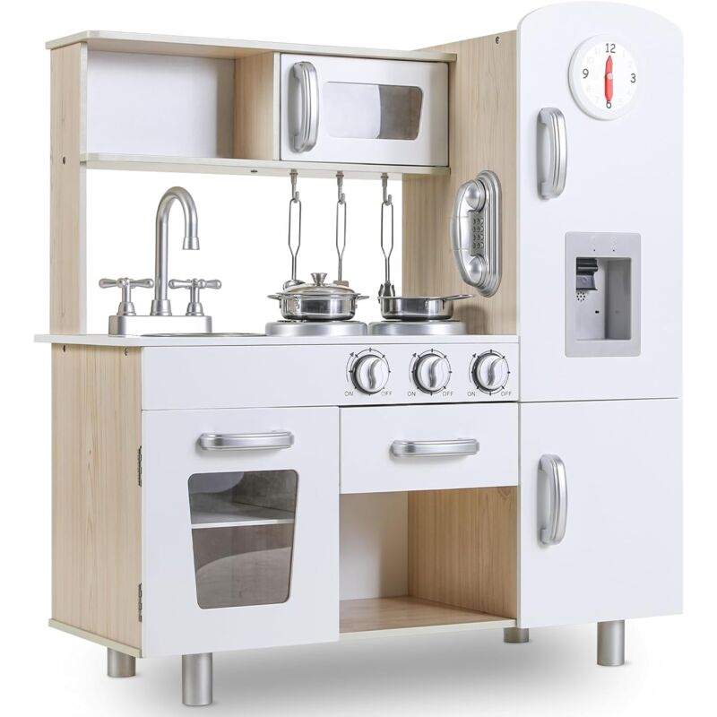 Cuisine Enfant en Bois,Jouet de Cuisine,81x74x30 cm avec Effets Lumineux et Sonores Simulés, Équipée d'Accessoires de Cuisine,Blanc