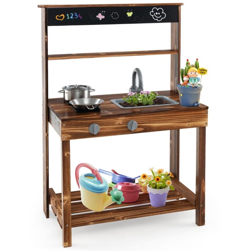 Cuisine Enfant Extérieure en Bois de Sapin 2 Accessoires 65 x 40 x 96 cm pour 3-7 Ans Naturel CW5747 design in