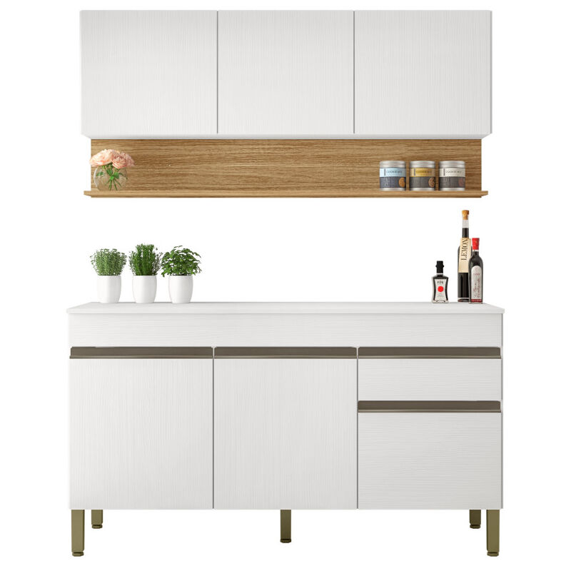 Cuisine Equipée 6 Portes 1 Tiroir Chêne et Blanc L 150 H 200 P 53.3 cm