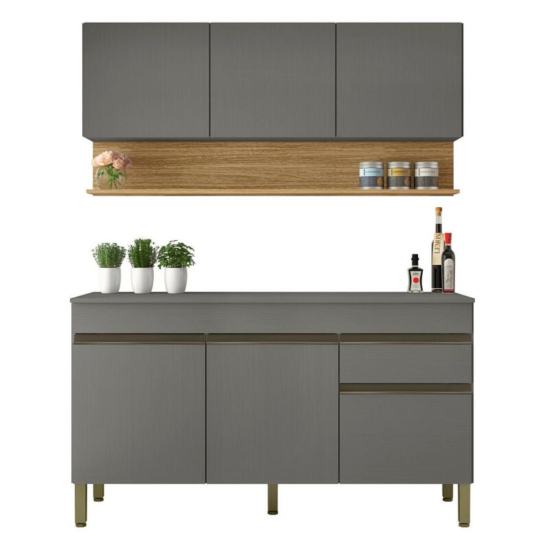 Cuisine Equipée 6 Portes 1 Tiroir Chêne et Gris l 120 h 200 p 53.3 cm