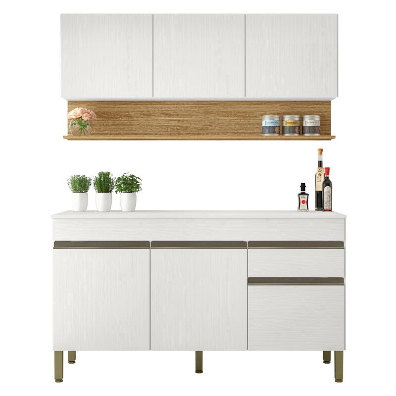 Cuisine Equipée 6 Portes 1 Tiroir Chêne et Blanc 9 NIches l 120 h 200 p 53.3 cm