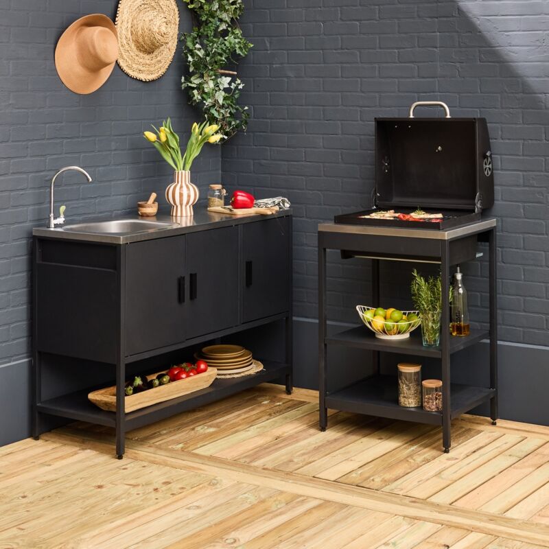 Cuisine extérieure Naxos 2 modules acier inoxydable noir barbecue au charbon avec évier