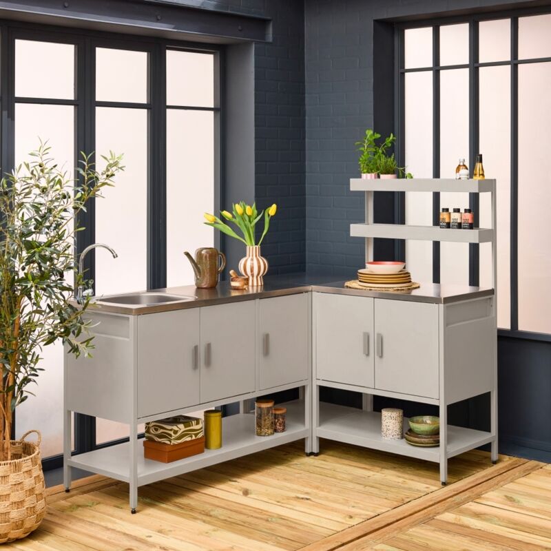 Cuisine extérieure 3 modules en acier inoxydable beige