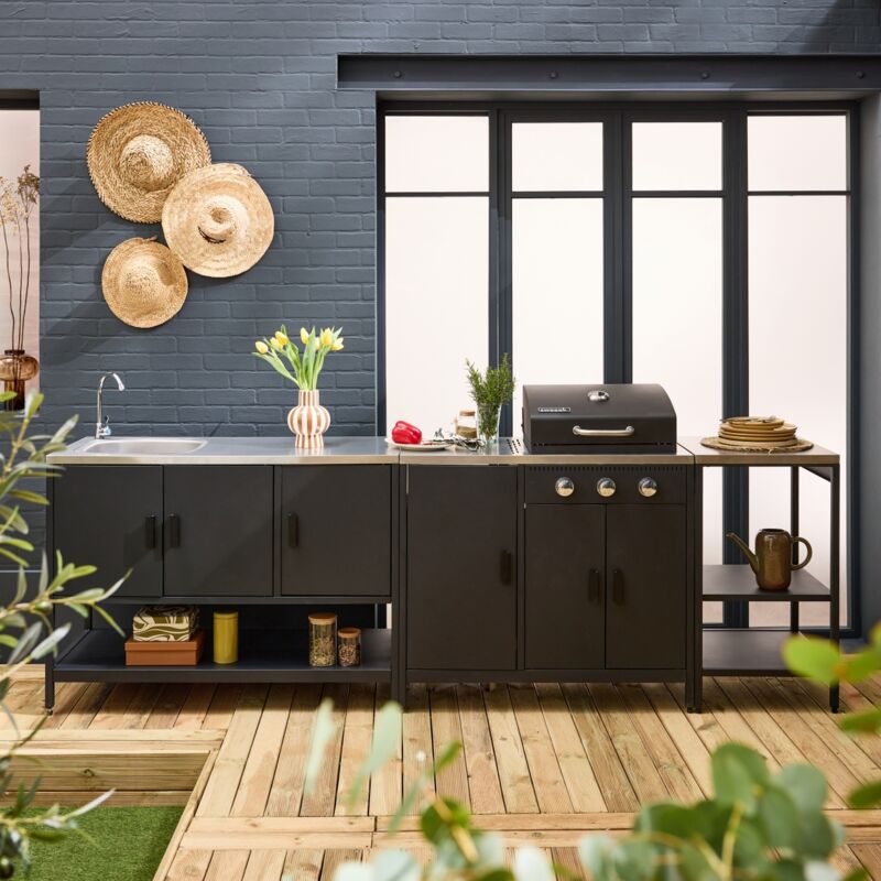 Cuisine extérieure Naxos 3 modules acier inoxydable noir avec barbecue gaz 3 brûleurs