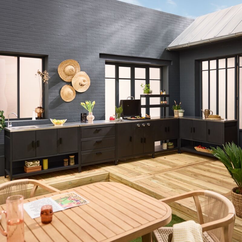 Cuisine extérieure 6 modules avec barbecue en acier inoxydable noir