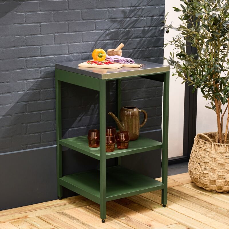 Cuisine d'extérieure en acier vert avec 2 étagères L49cm