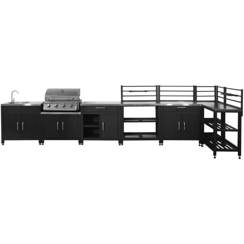 SWEEEK Cuisine d'ext&eacute;rieure 7 modules avec barbecue gaz 4 br&ucirc;leurs argent&eacute;